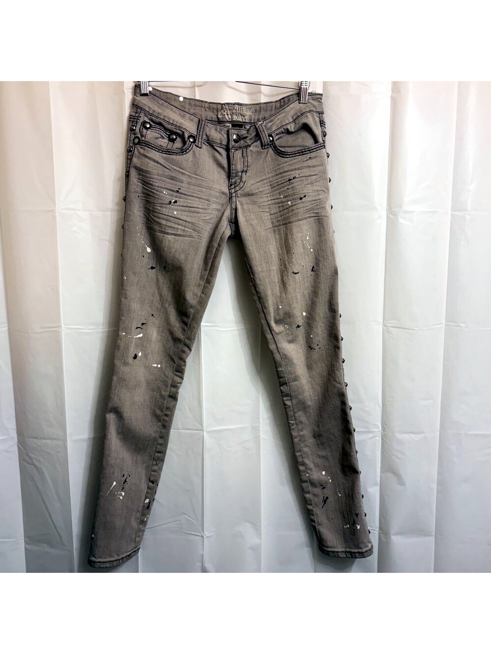 Antique Rivet Women's Skinny Jeans Size 30 Gray Paint Splatter 32" Inseam